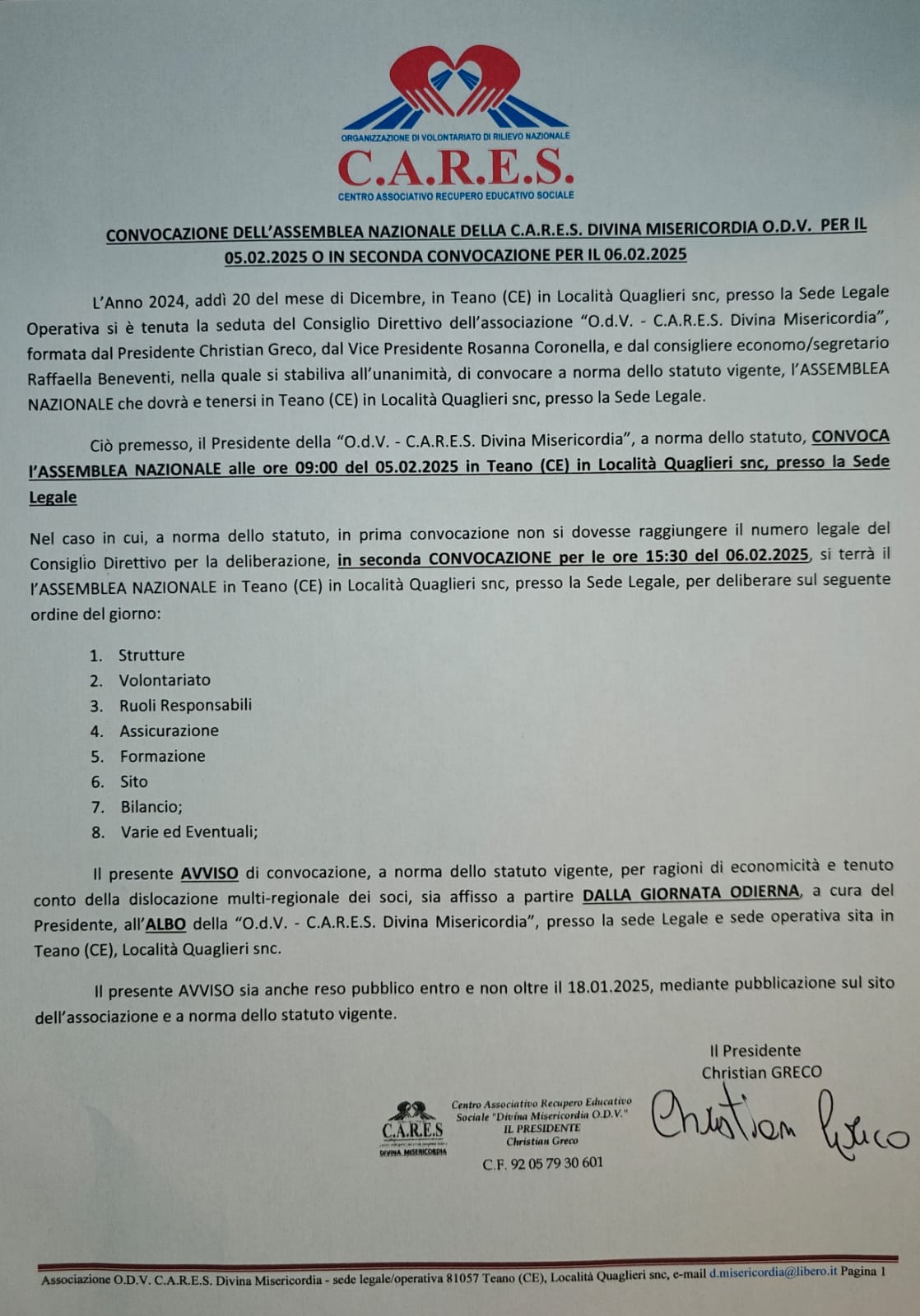 Convocazione Consiglio Direttivo e Assemblea dei Soci Cares Divina Misericordia